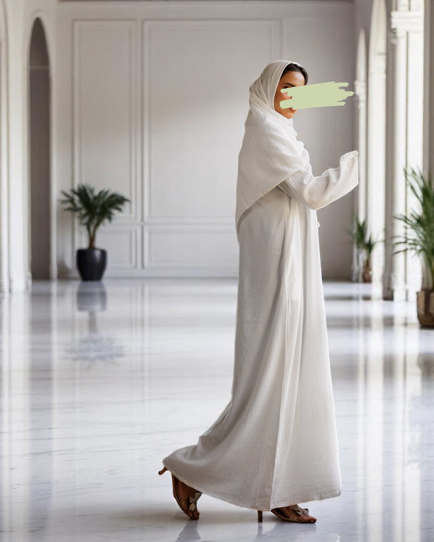 A-Line Closed White Abaya in CYE Crush Fabric with Show Buttons, Wide Sleeves, Pockets & V-Neck