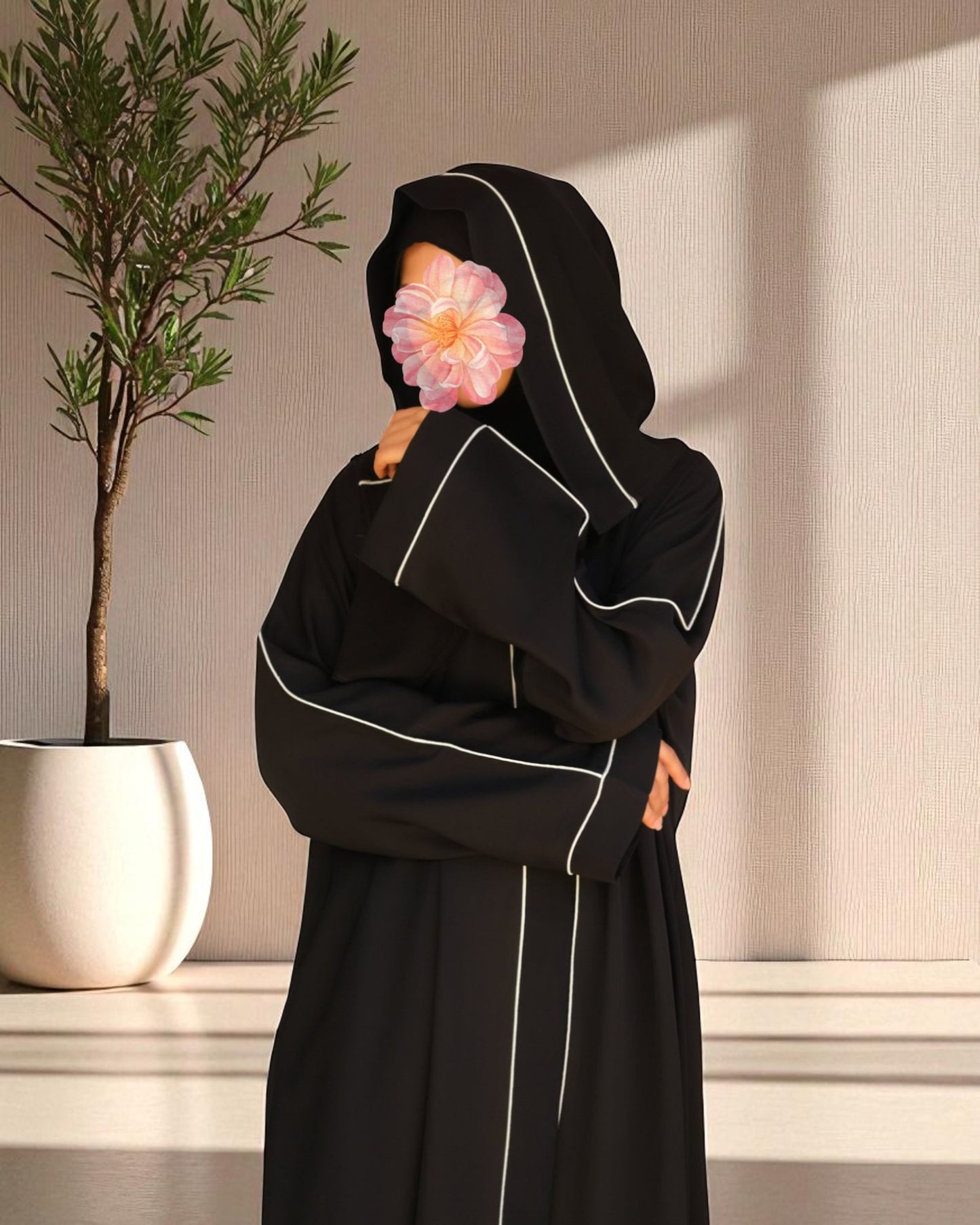 Front Open Abaya in Firdaus Fabric with Contrast Detailing, Wide Sleeves, V-Neck & Side Pockets