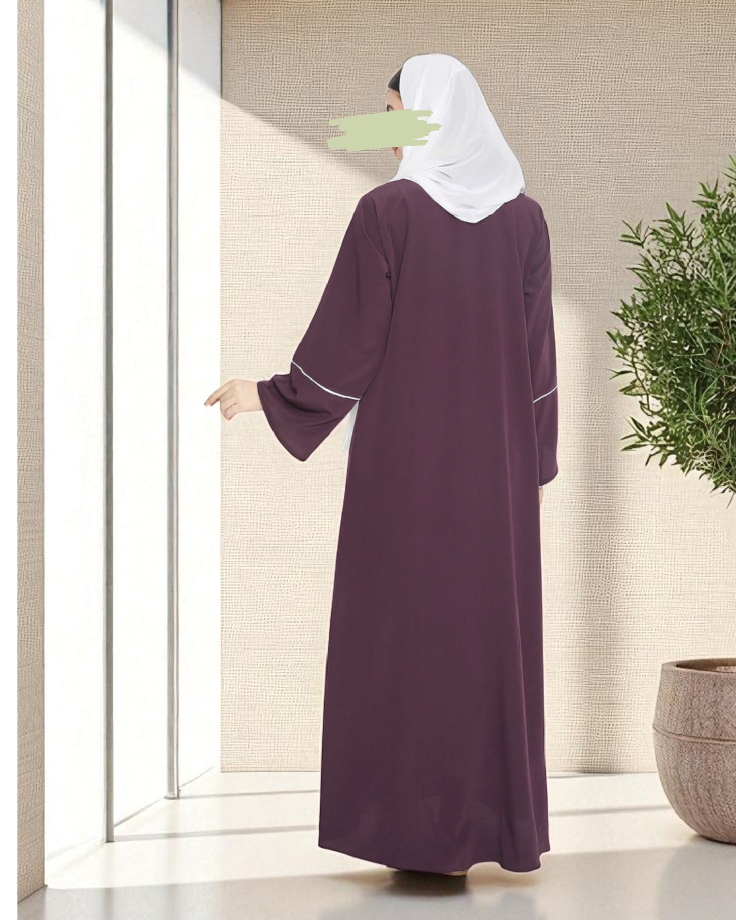 Front Open Abaya in Premium Praada Fabric with Contrast Piping, Wide Sleeves, Pockets & V-Neck