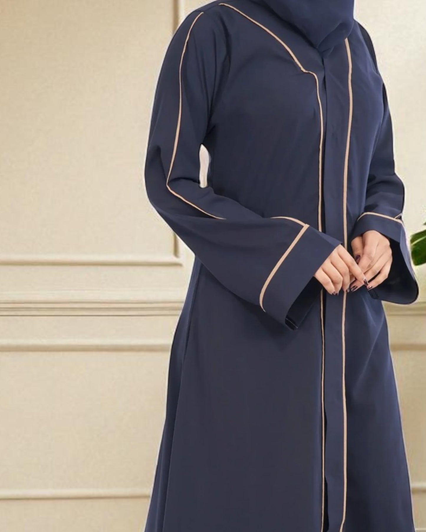 Front Open Abaya in Firdaus Fabric with Contrast Piping, Snap Buttons, Wide Sleeves & V-Neck