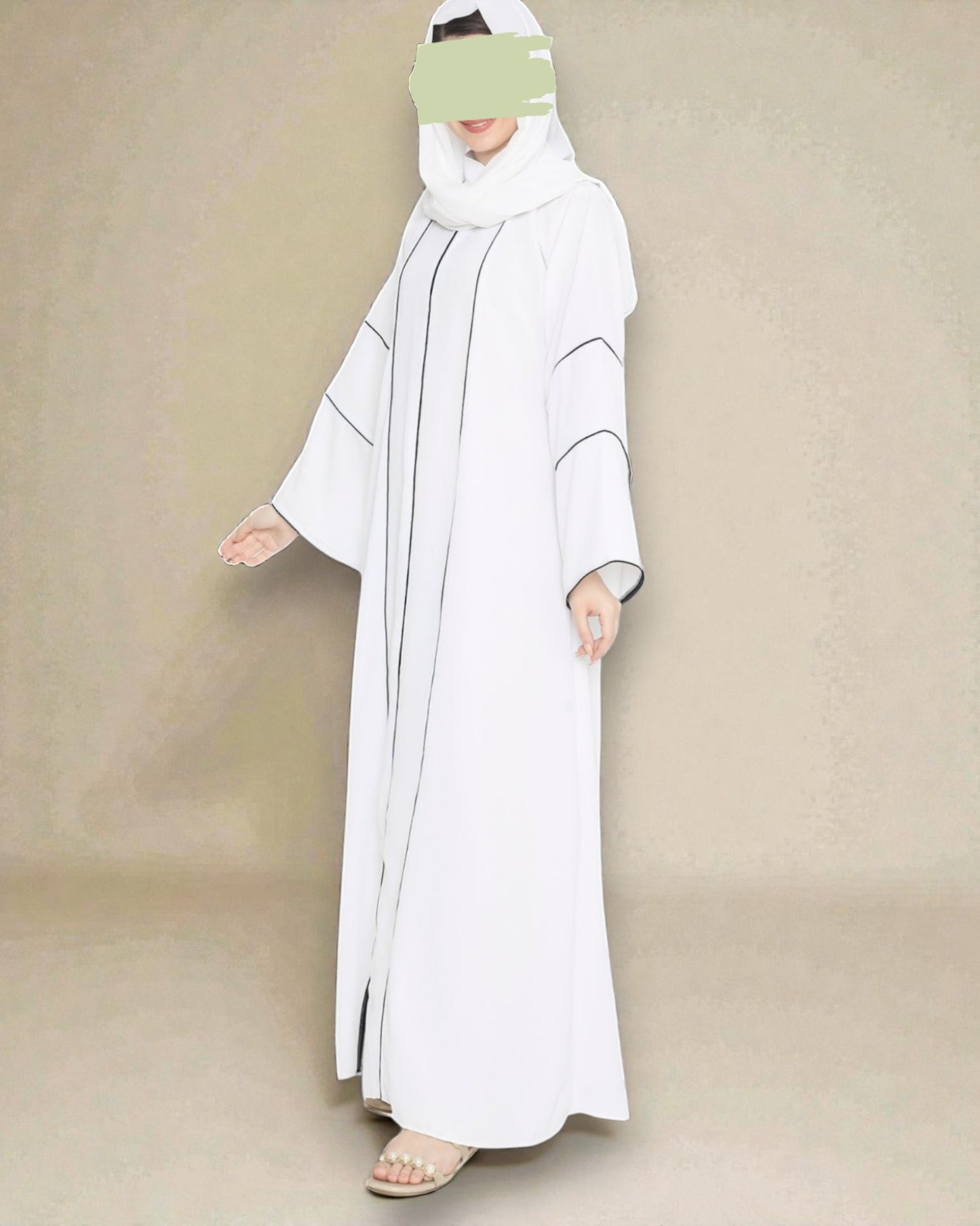 Front Open Abaya in Premium Praada Fabric with Contrast Piping, Wide Sleeves, Pockets & V-Neck