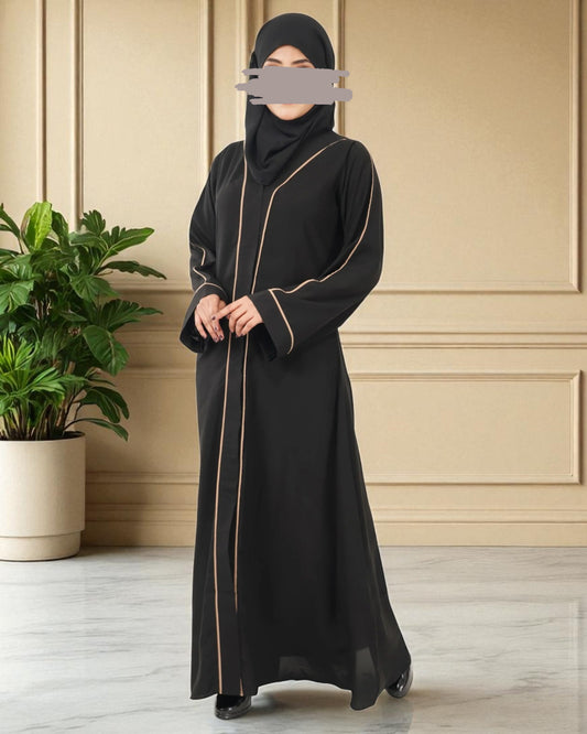 Front Open Abaya in Firdaus Fabric with Contrast Piping, Snap Buttons, Wide Sleeves & V-Neck