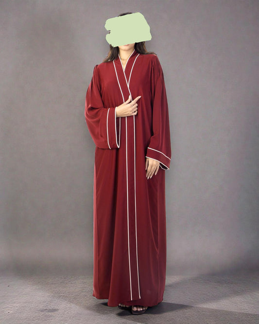 Front Open Maroon Abaya in Firdaus Fabric with White Piping, Snap Buttons, Wide Sleeves & V-Neck