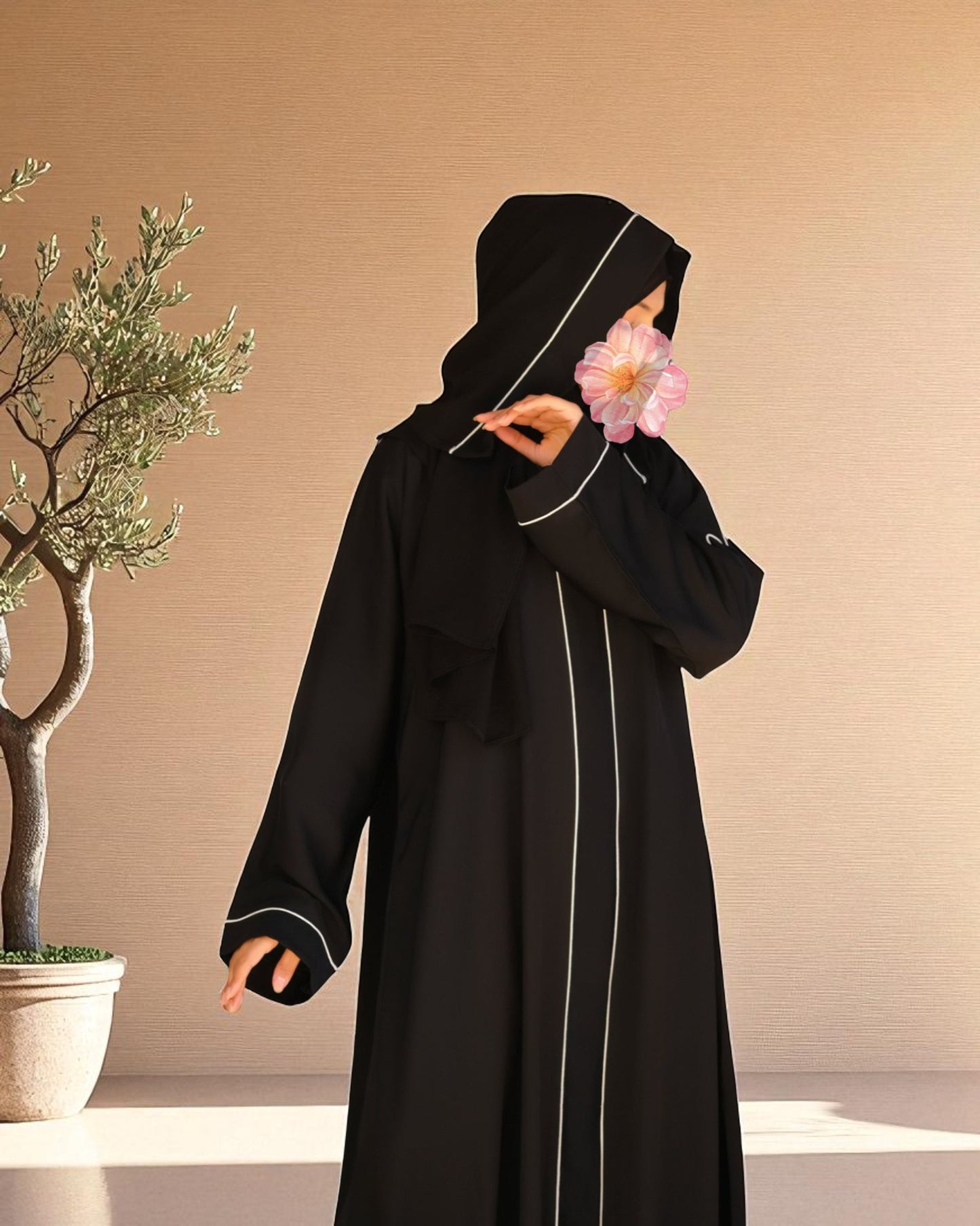 Front Open Abaya in Firdaus Fabric with Contrast Detailing, Wide Sleeves, V-Neck & Side Pockets