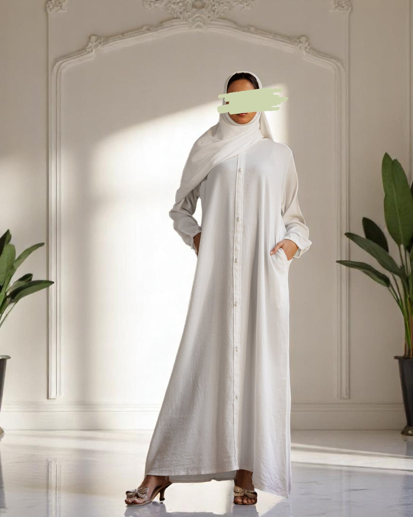 A-Line Closed White Abaya in CYE Crush Fabric with Show Buttons, Wide Sleeves, Pockets & V-Neck