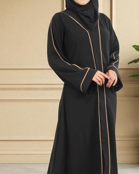 Front Open Abaya in Firdaus Fabric with Contrast Piping, Snap Buttons, Wide Sleeves & V-Neck