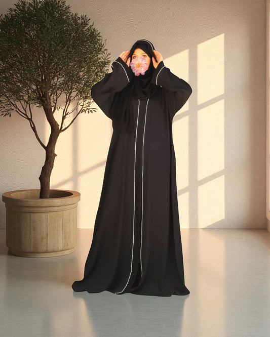 Front Open Abaya in Firdaus Fabric with Contrast Detailing, Wide Sleeves, V-Neck & Side Pockets
