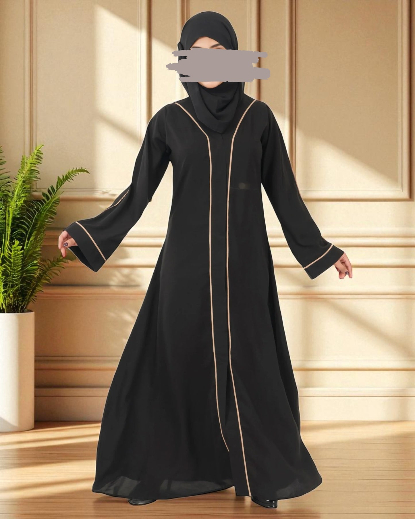 Front Open Abaya in Firdaus Fabric with Contrast Piping, Snap Buttons, Wide Sleeves & V-Neck