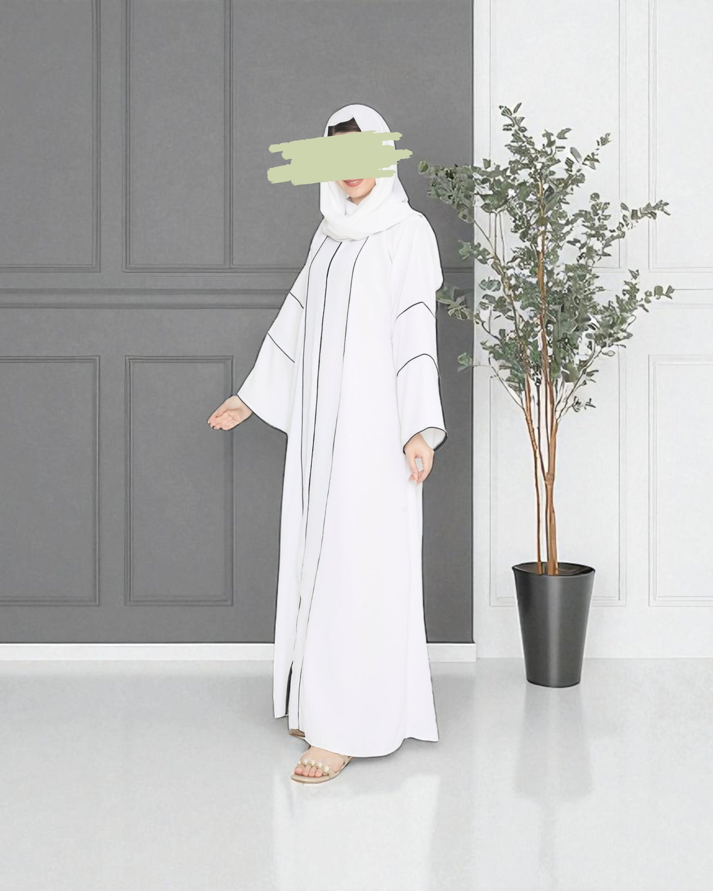 Front Open Abaya in Premium Praada Fabric with Contrast Piping, Wide Sleeves, Pockets & V-Neck