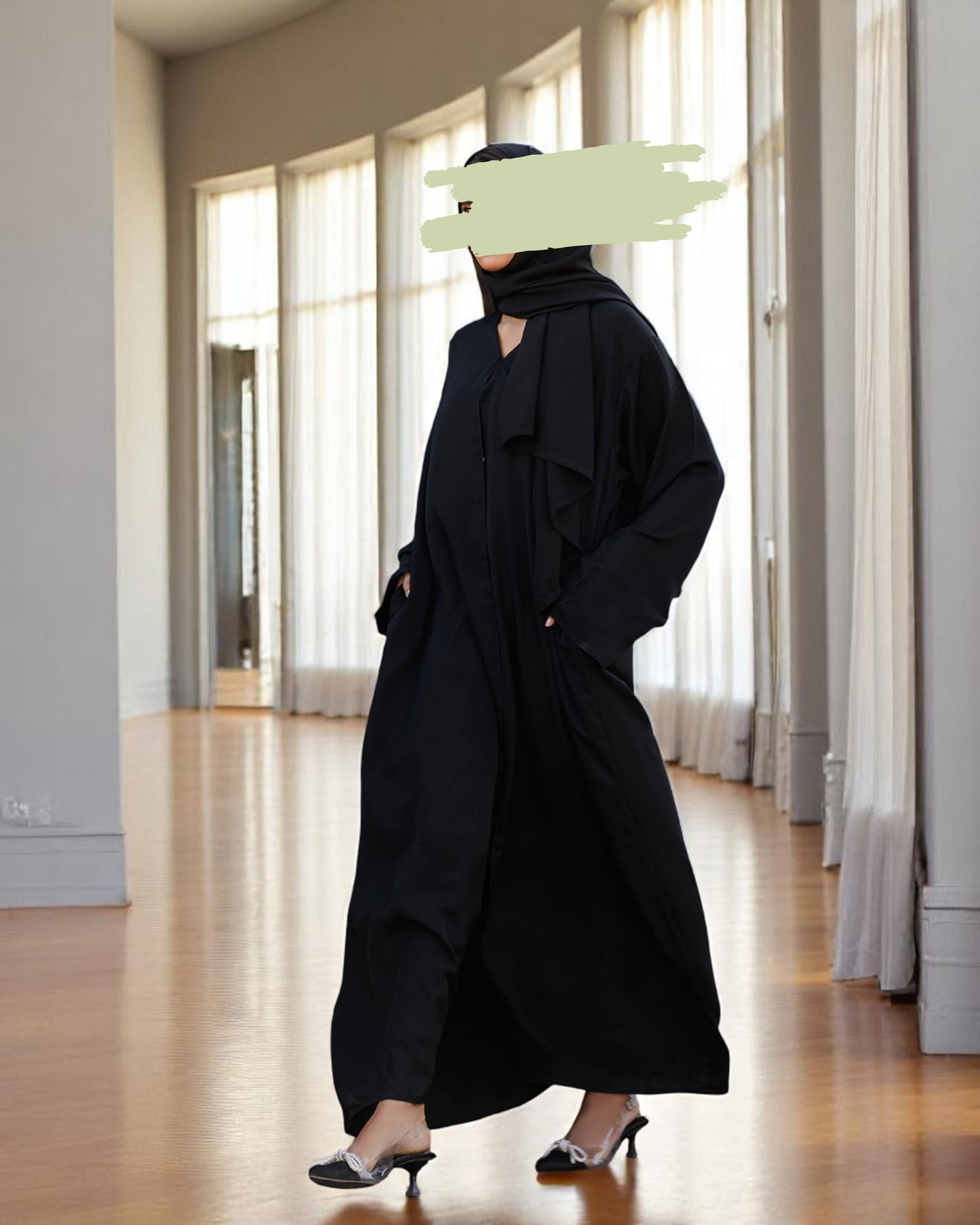 Front Open Black Abaya in Firdaus Fabric with Snap Buttons, Wide Sleeves, Pockets & V-Neck