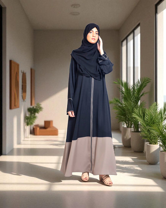 Front Open Abaya in Dual Color with Long Zipper and Contrast Piping - Wide Sleeves - Side Pockets - Complementary Hijab - Firdaus Fabric