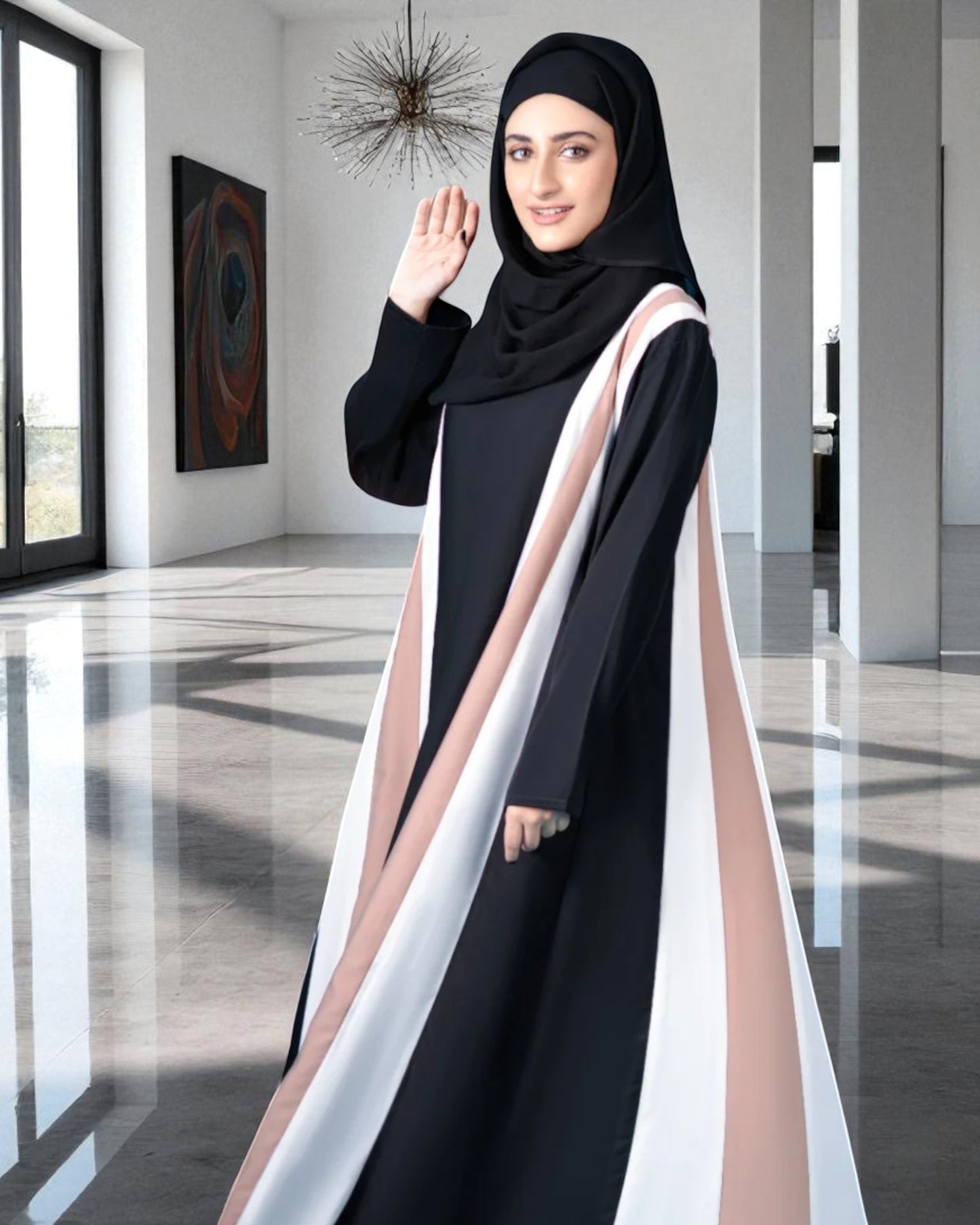 Closed Abaya in Multicolor - Flared Design - Regular Sleeves - Side Pockets - Complementary Hijab