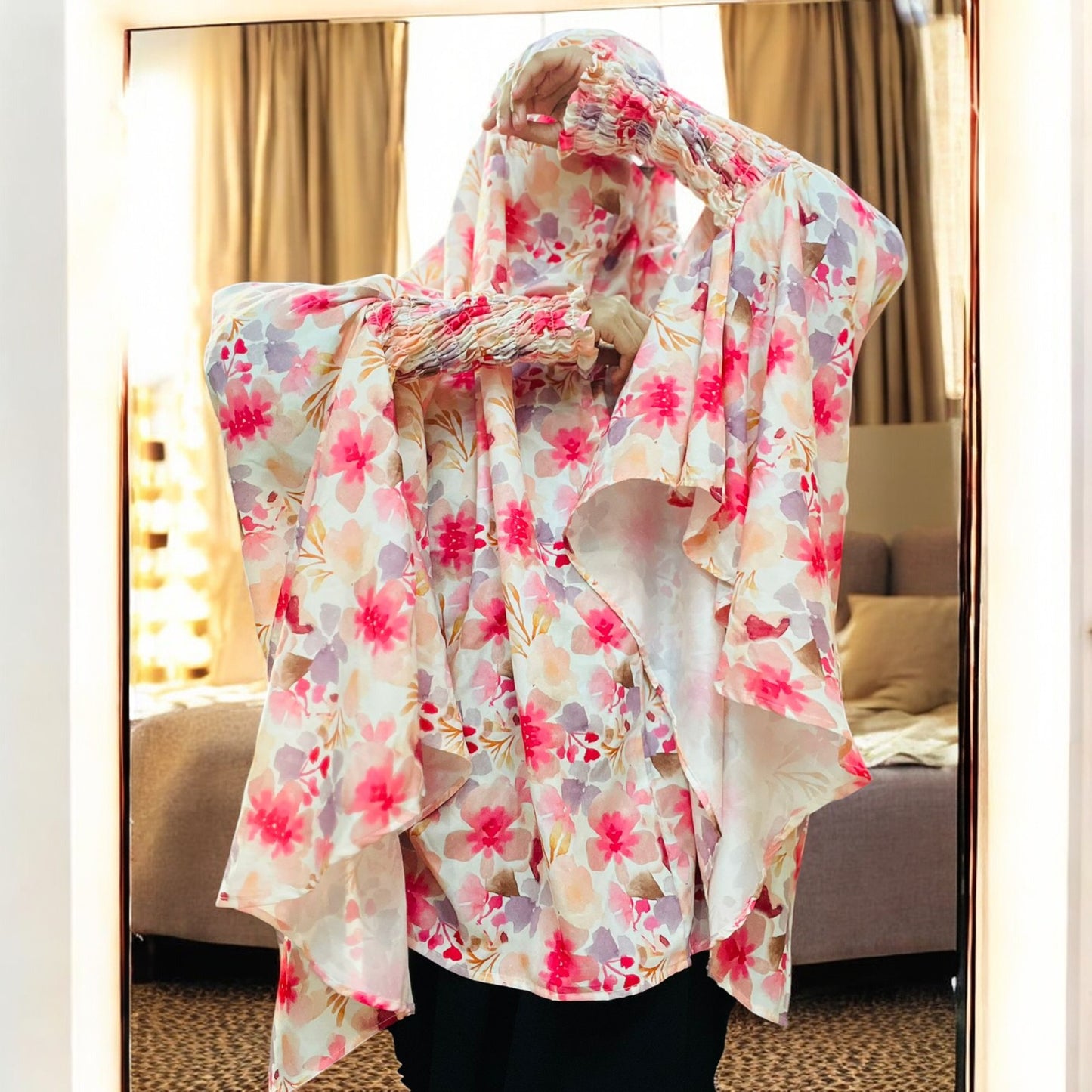Printed Khimar-Long Prayer Hijab With Attached Mouth-Piece