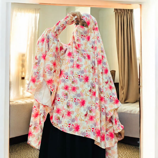 Printed Khimar-Long Prayer Hijab With Attached Mouth-Piece