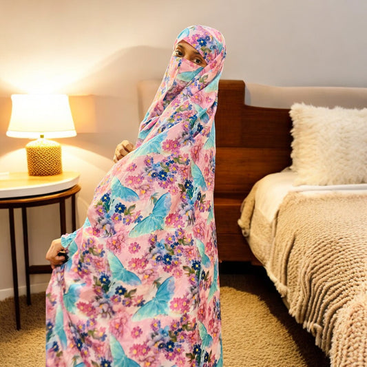 Printed Khimar-Long Prayer Hijab With Attached Mouth-Piece