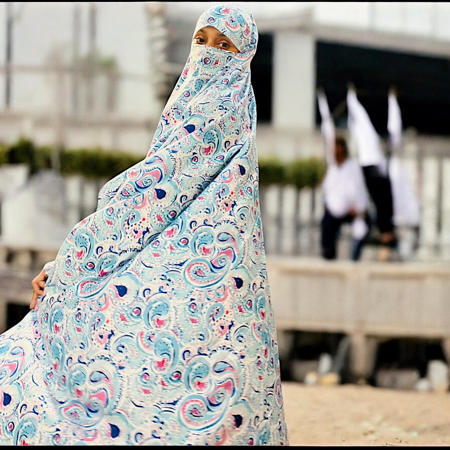 Printed Khimar-Long Prayer Hijab With Attached Mouth-Piece