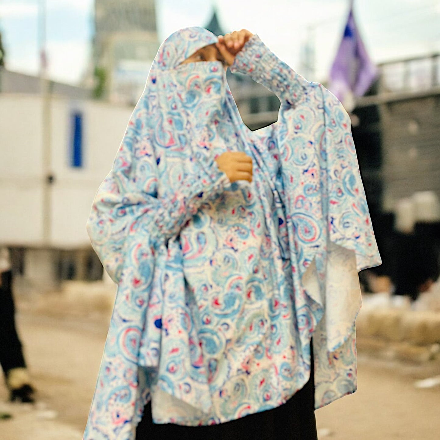 Printed Khimar-Long Prayer Hijab With Attached Mouth-Piece