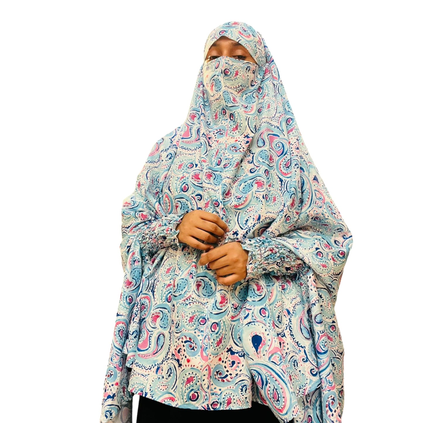Printed Khimar-Long Prayer Hijab With Attached Mouth-Piece