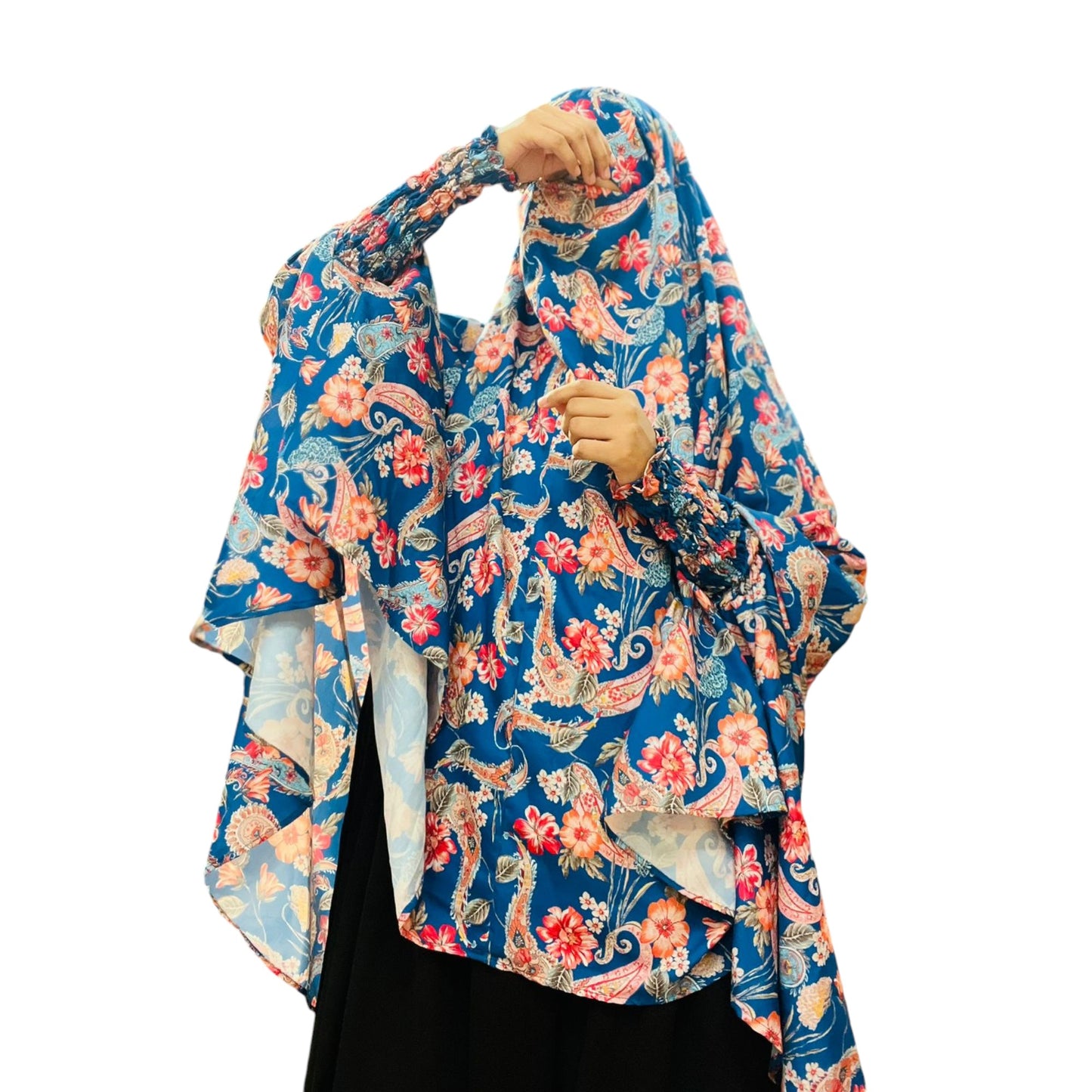 Printed Khimar-Long Prayer Hijab With Attached Mouth-Piece
