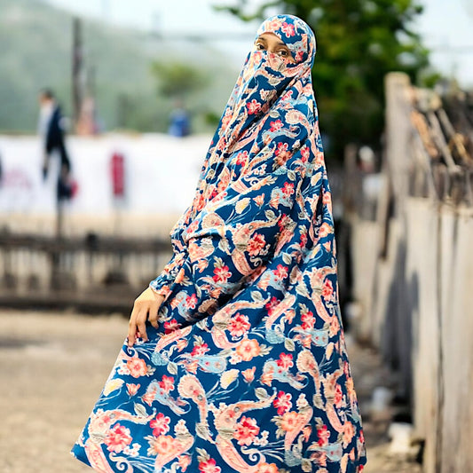 Printed Khimar-Long Prayer Hijab With Attached Mouth-Piece