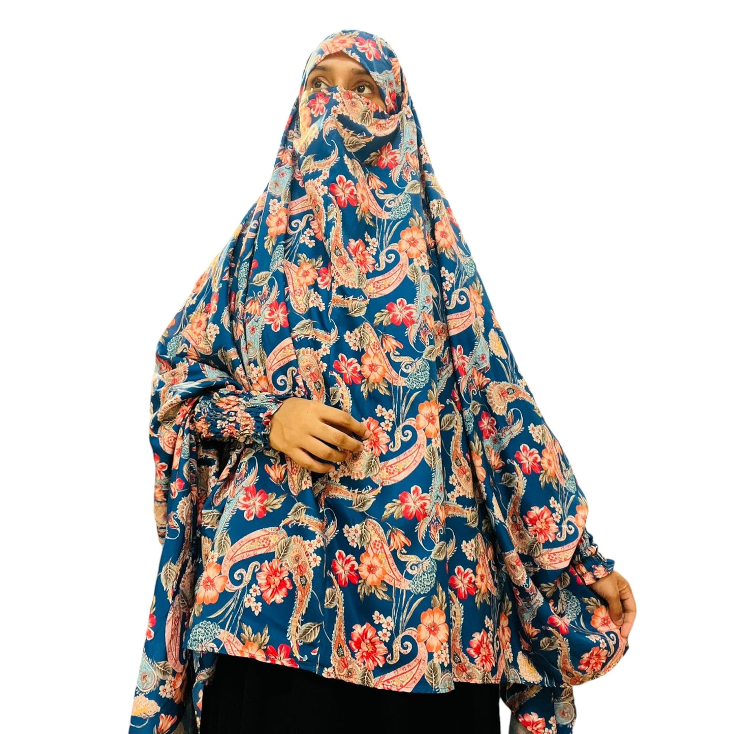 Printed Khimar-Long Prayer Hijab With Attached Mouth-Piece