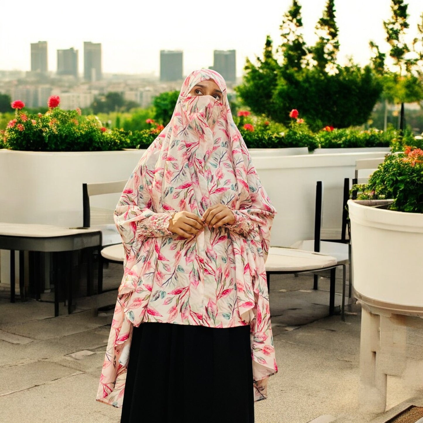 Printed Khimar-Long Prayer Hijab With Attached Mouth-Piece