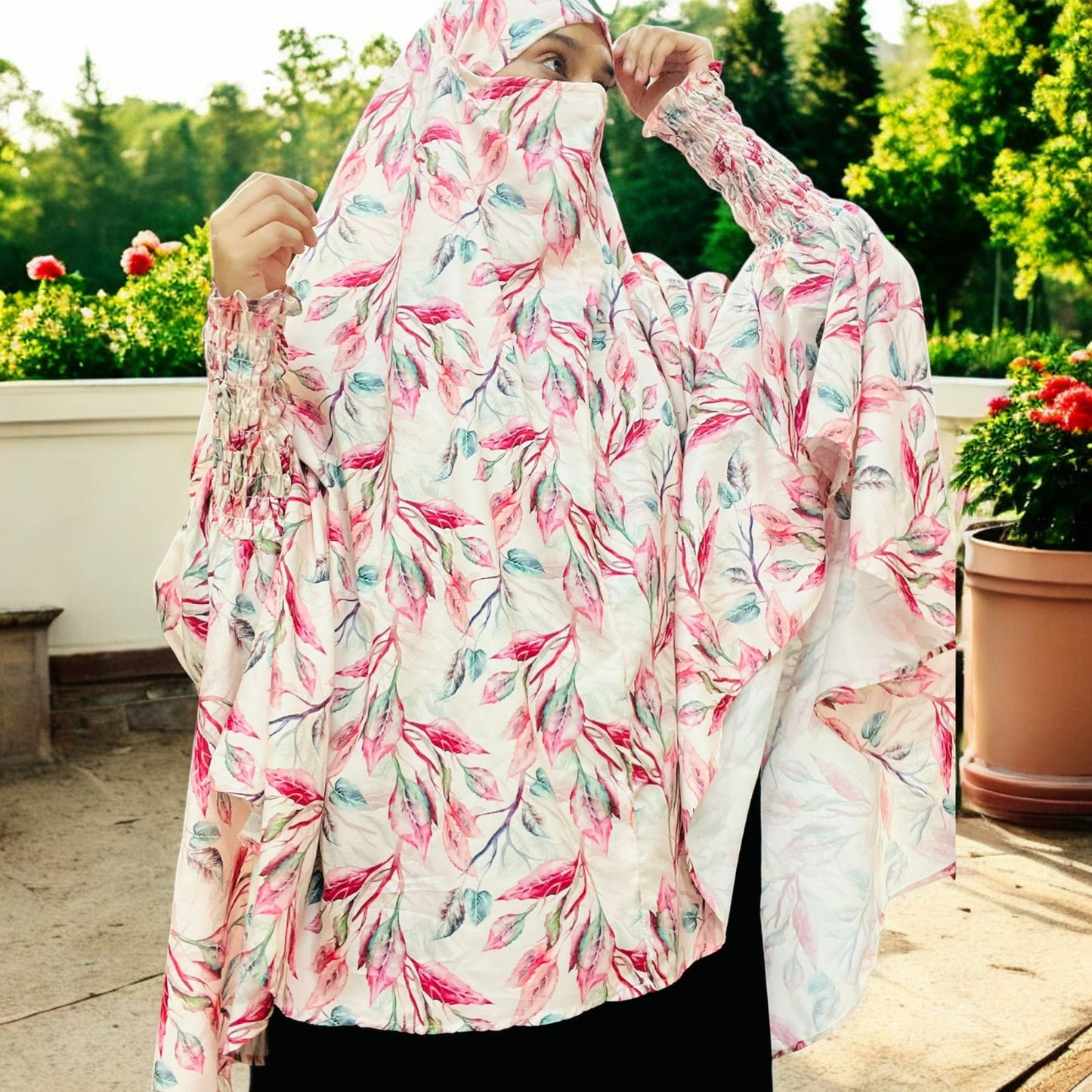 Printed Khimar-Long Prayer Hijab With Attached Mouth-Piece
