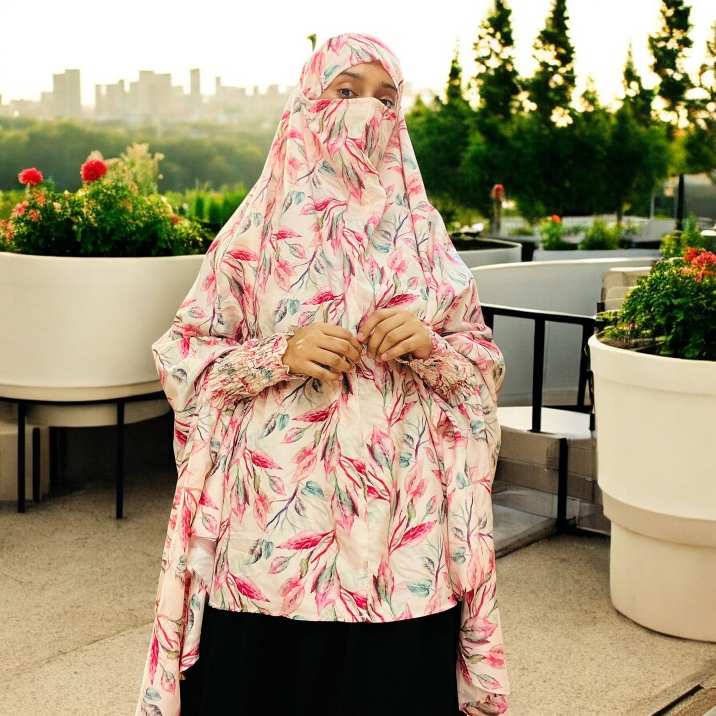 Printed Khimar-Long Prayer Hijab With Attached Mouth-Piece