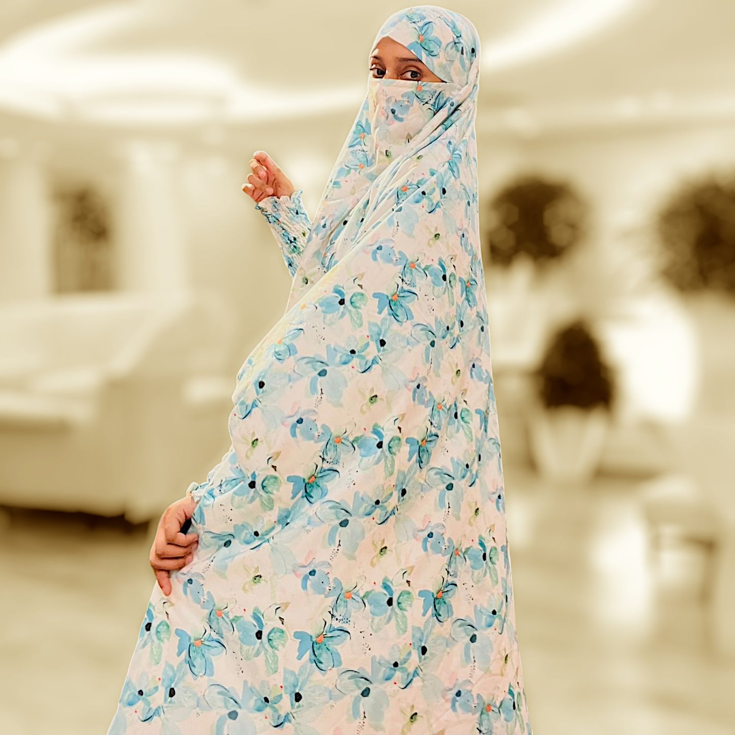 Printed Khimar-Long Prayer Hijab With Attached Mouth-Piece