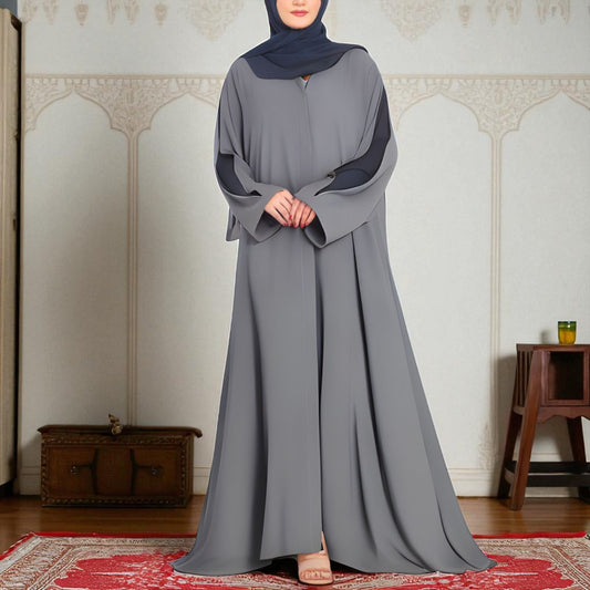 Designer Front Open Abaya with Dual-Color Sleeves, Back Pleats, Snap Buttons & Flared Bottom