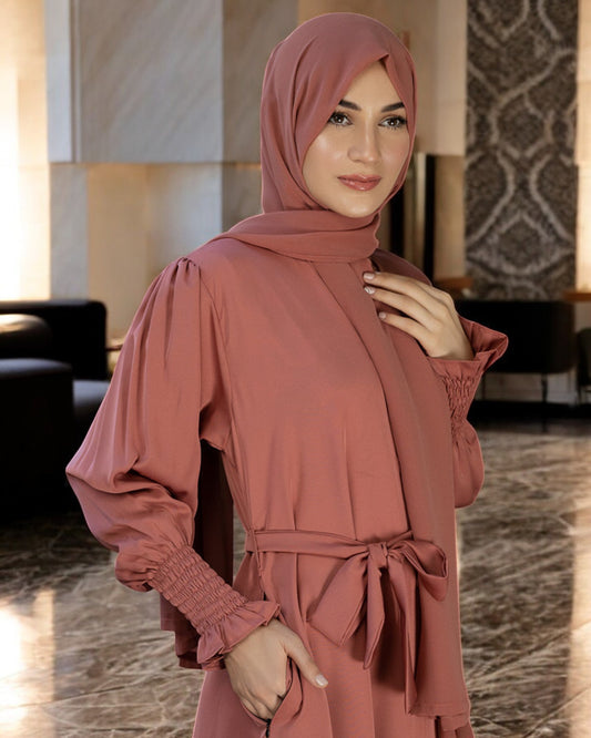 Front Open Firdaus Fabric Abaya with Smocky Sleeves