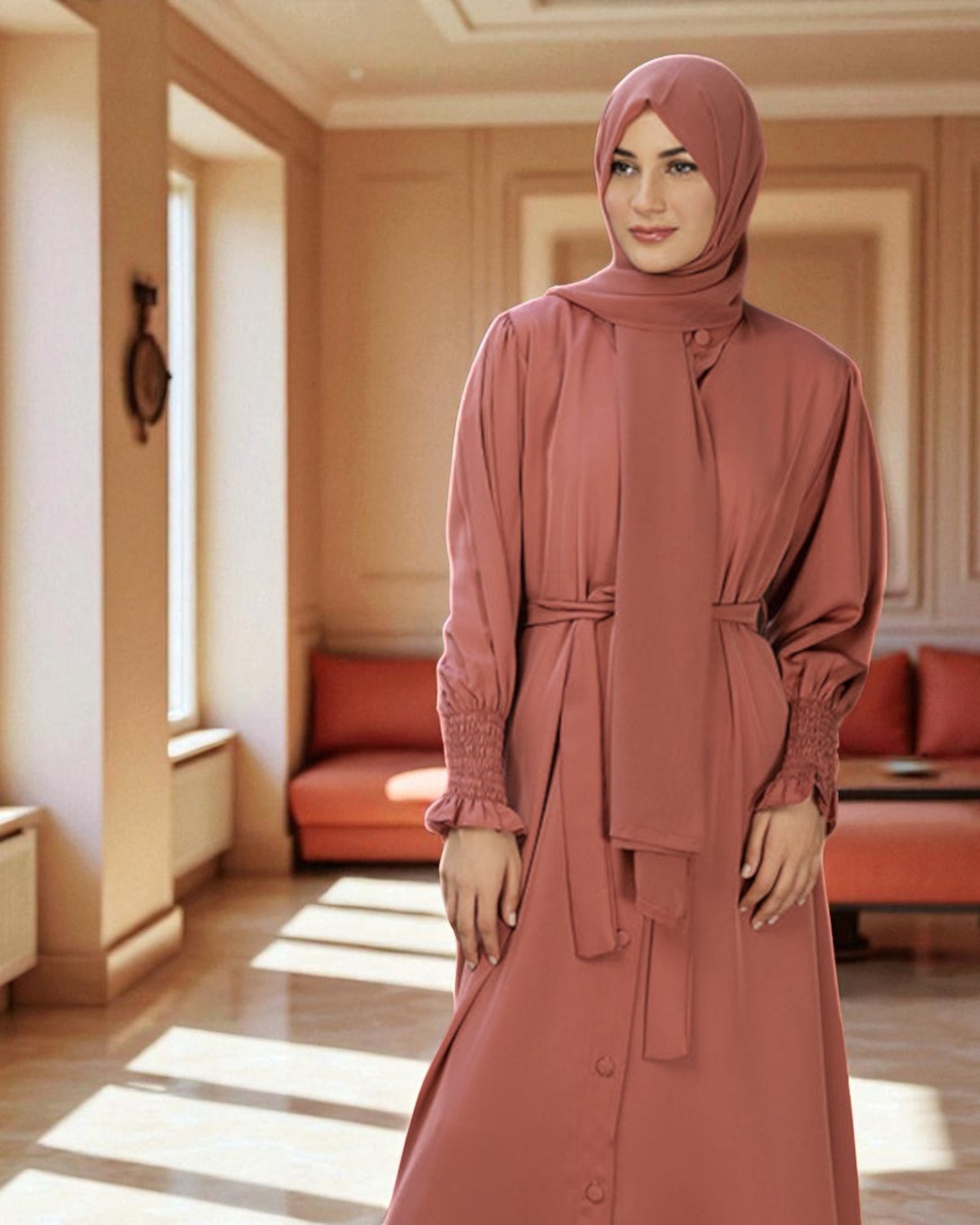 Front Open Firdaus Fabric Abaya with Smocky Sleeves