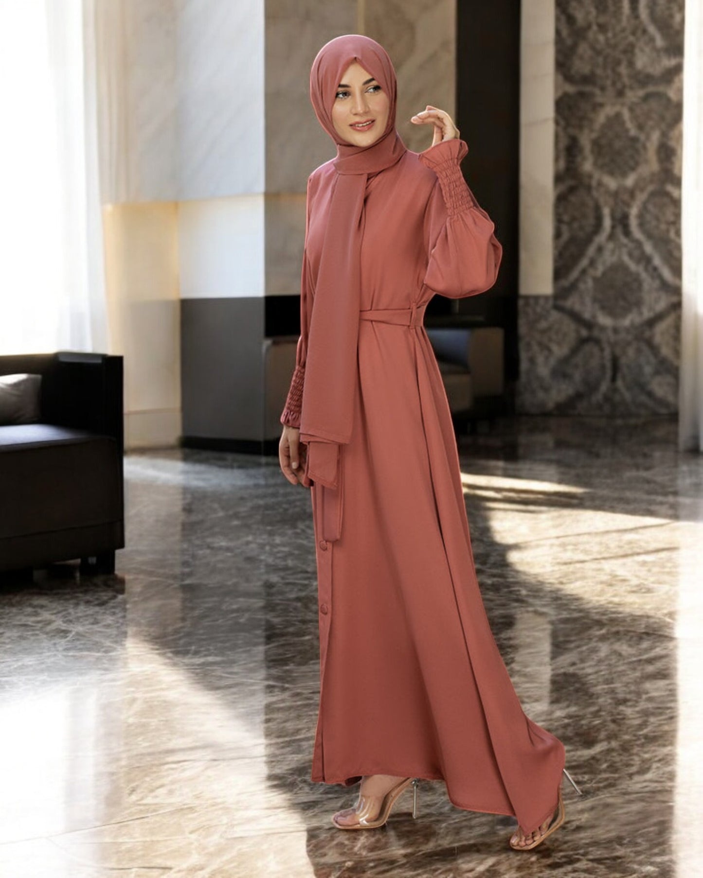 Front Open Firdaus Fabric Abaya with Smocky Sleeves