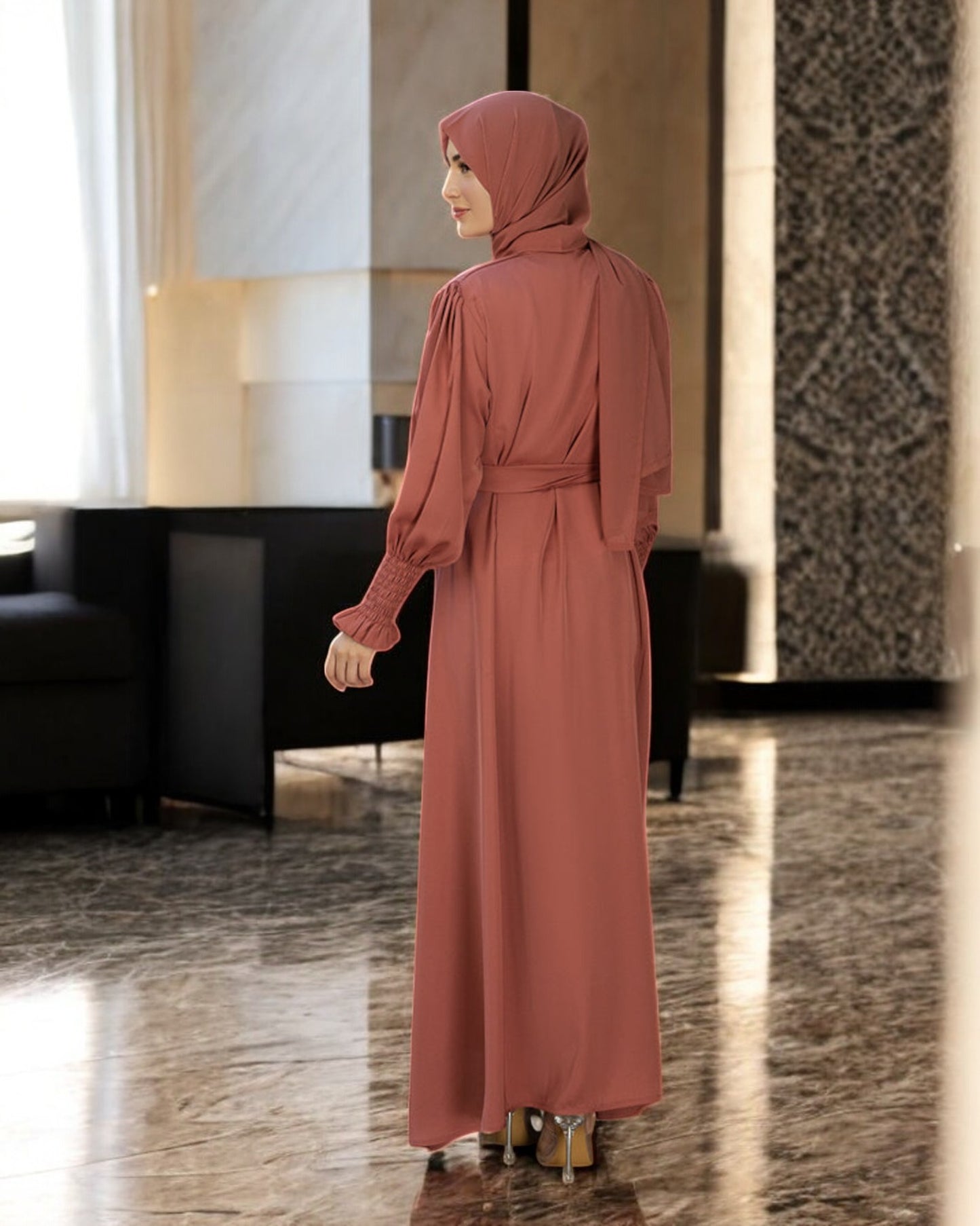 Front Open Firdaus Fabric Abaya with Smocky Sleeves