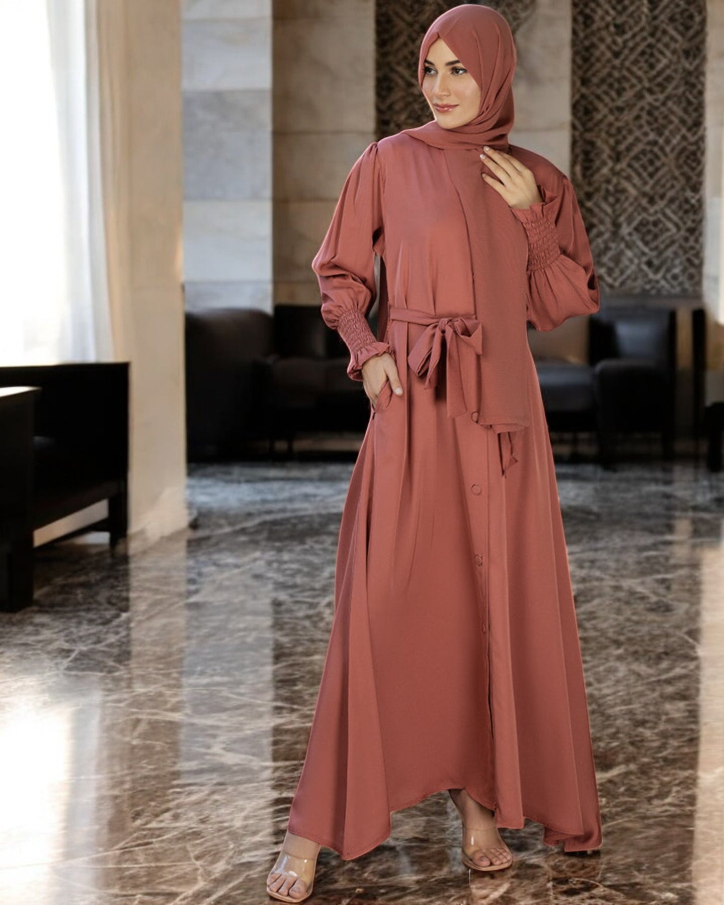 Front Open Firdaus Fabric Abaya with Smocky Sleeves