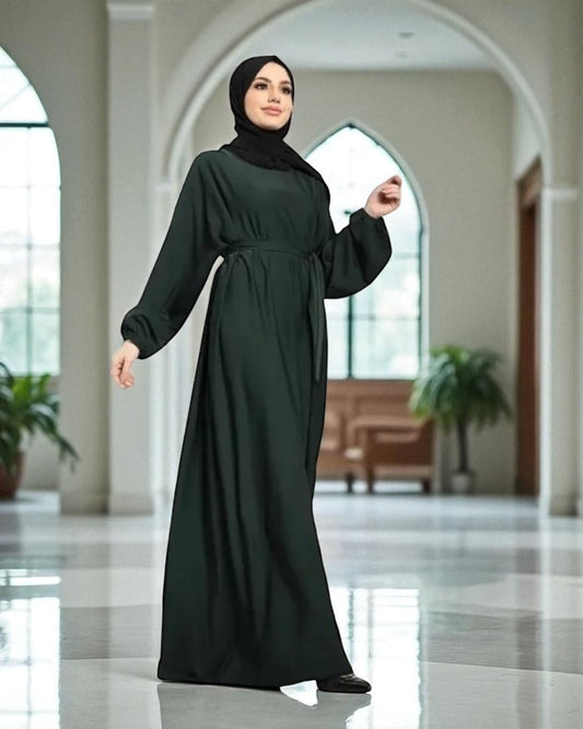 Closed Abaya with Flare - Elasticated Sleeves - Side Pockets - Matching Belt - Complementary Hijab - Nida Satin Fabric