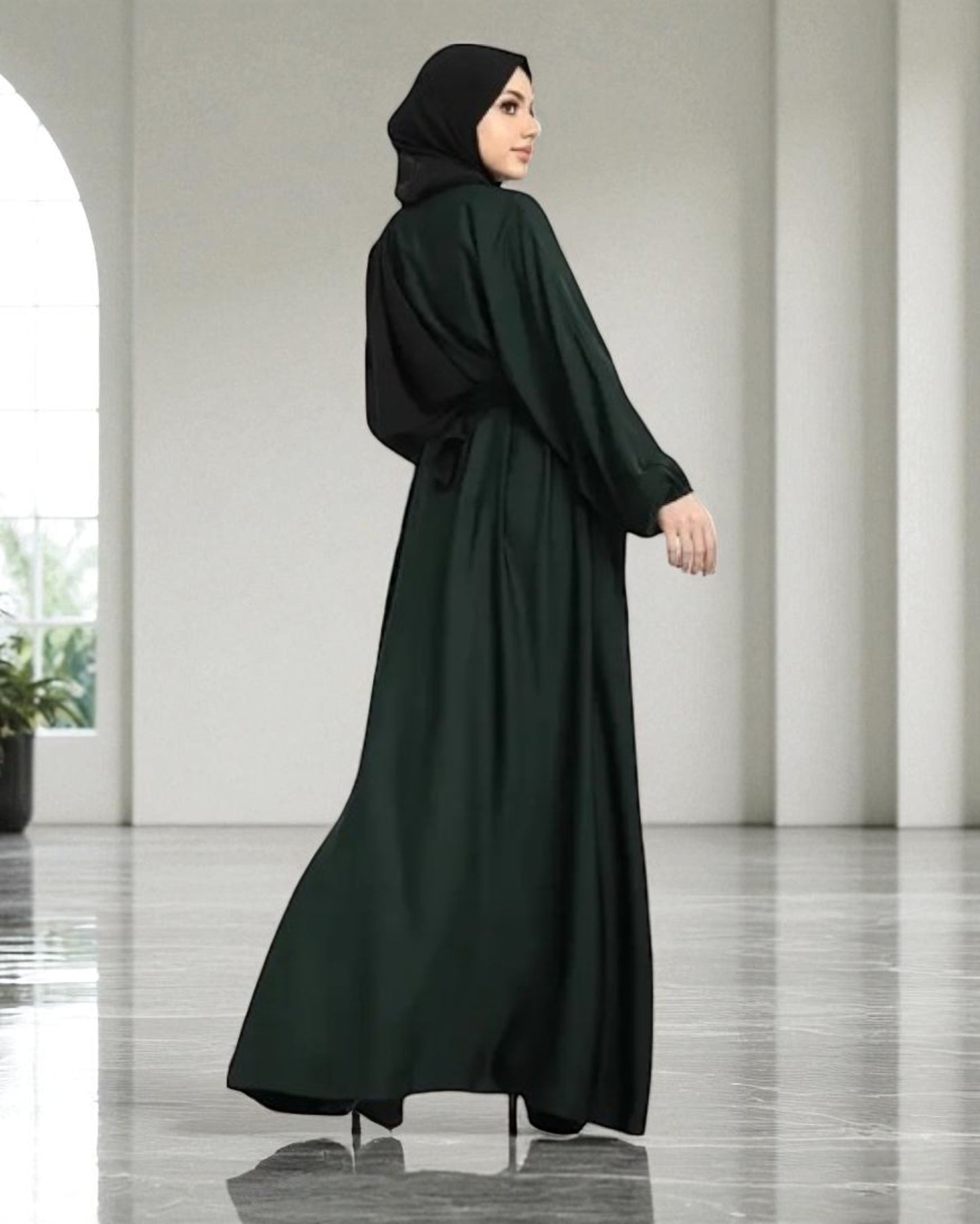 Closed Abaya with Flare - Elasticated Sleeves - Side Pockets - Matching Belt - Complementary Hijab - Nida Satin Fabric
