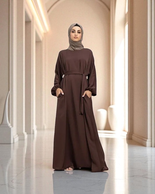 Closed Abaya with Flare - Elasticated Sleeves - Side Pockets - Matching Belt - Complementary Hijab - Nida Satin Fabric