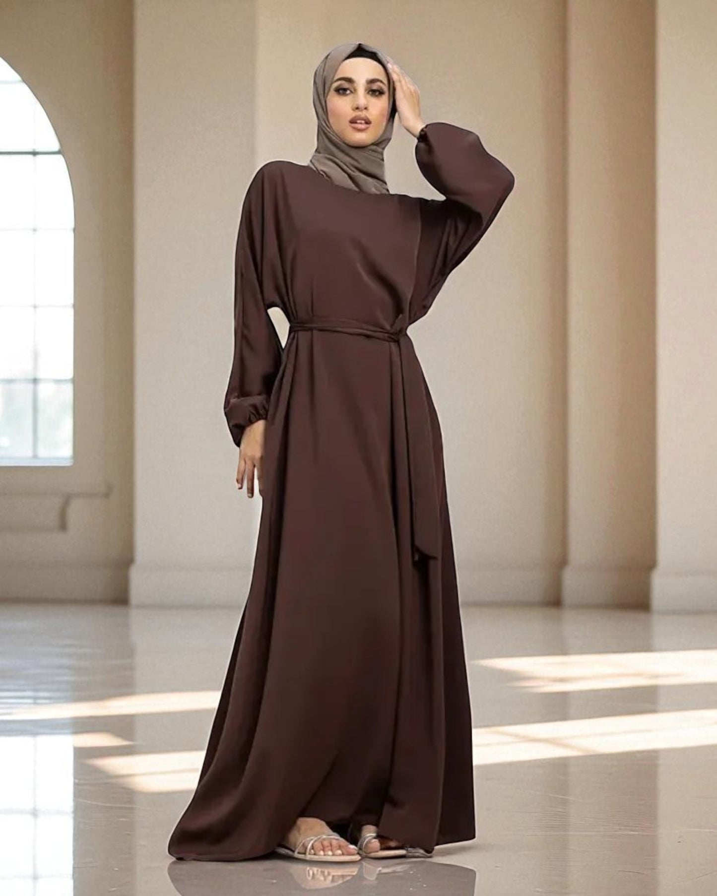 Closed Abaya with Flare - Elasticated Sleeves - Side Pockets - Matching Belt - Complementary Hijab - Nida Satin Fabric
