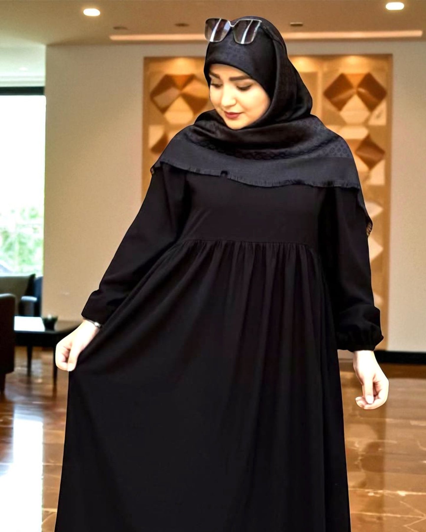 Loose Fit Firdaus Fabric Abaya with Gathered Chestline