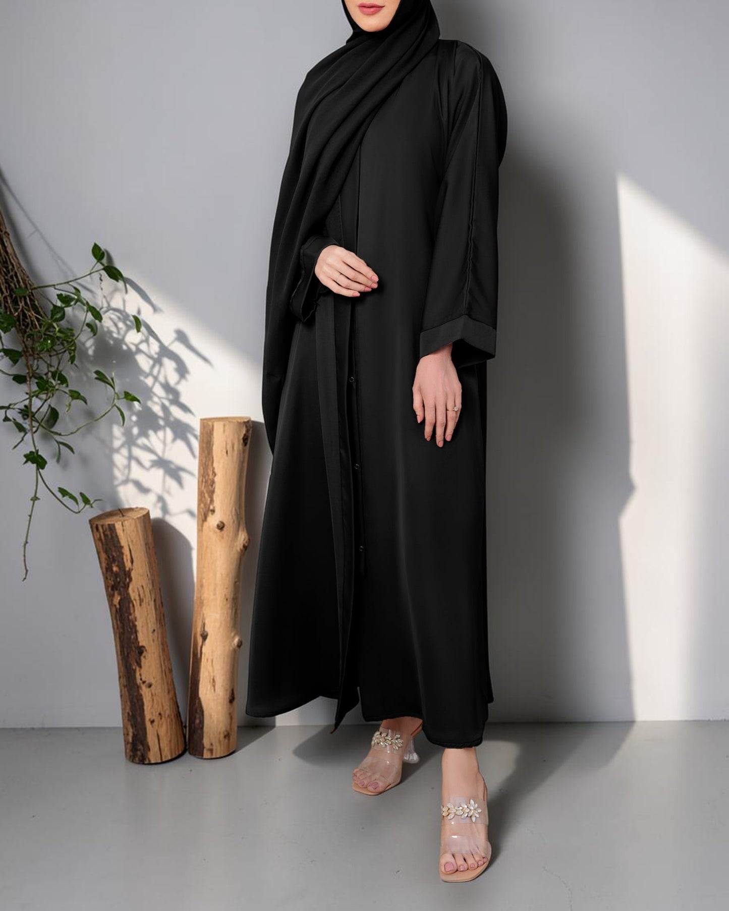 Black Front Open Abaya With Plain Hijab