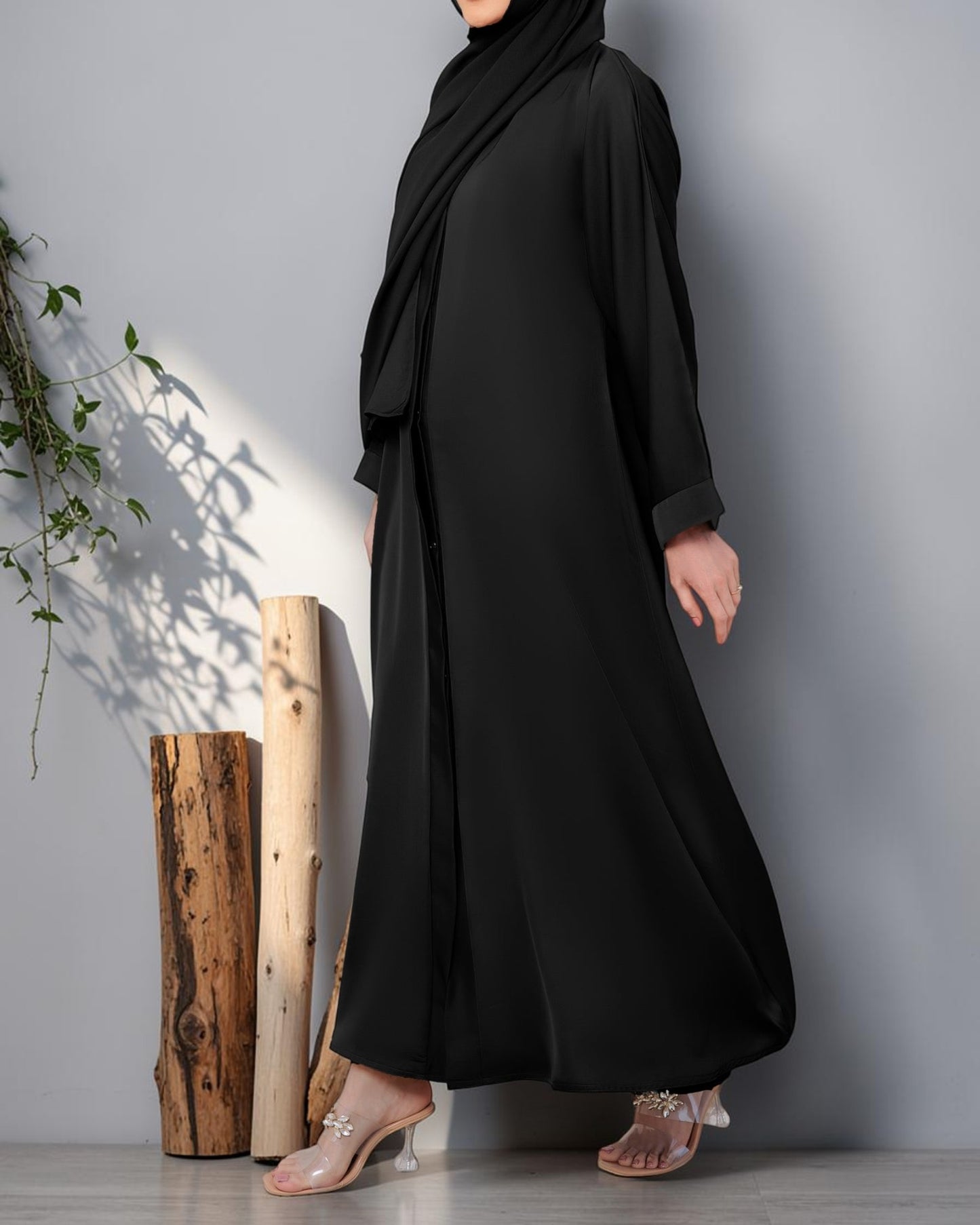 Black Front Open Abaya With Plain Hijab