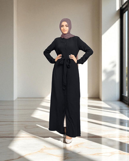 Front Open Firdaus Fabric Abaya with Slim Cuffed Sleeves