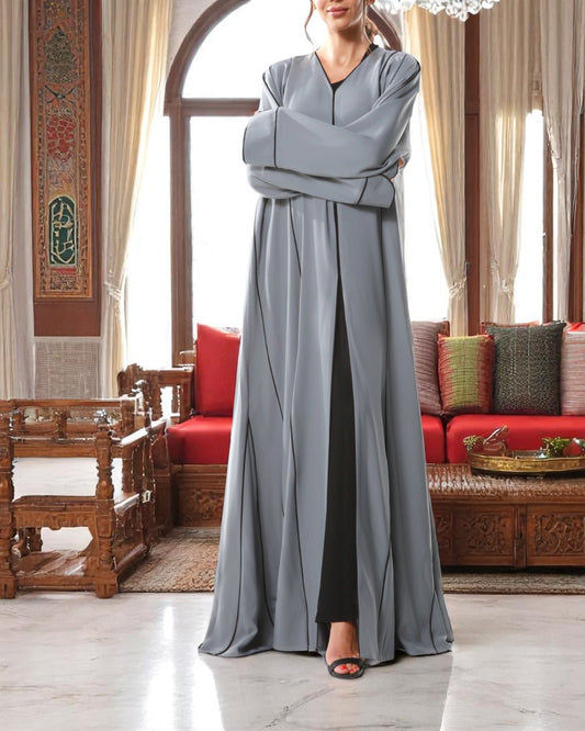 Front Open Abaya in Firdaus Fabric with Contrast Piping, Designer Sleeves, Snap Buttons & V-Neck