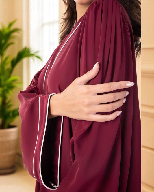 Front Open Maroon Abaya in Firdaus Fabric with White Piping, Snap Buttons, Wide Sleeves & V-Neck