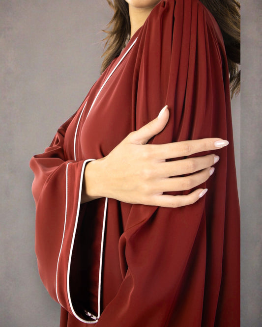 Front Open Maroon Abaya in Firdaus Fabric with White Piping, Snap Buttons, Wide Sleeves & V-Neck
