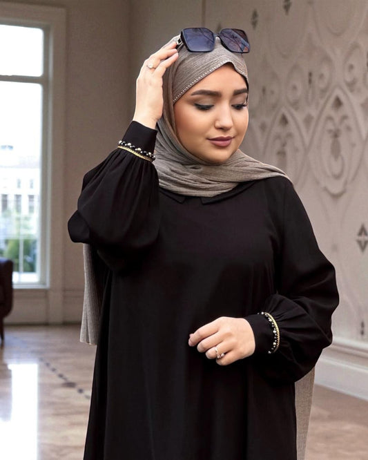 A-Line Firdaus Fabric Abaya with Pearl Lacework