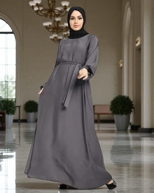 Closed Abaya In Nida Satin Fabric With Flared Bottom And Fabric Belt