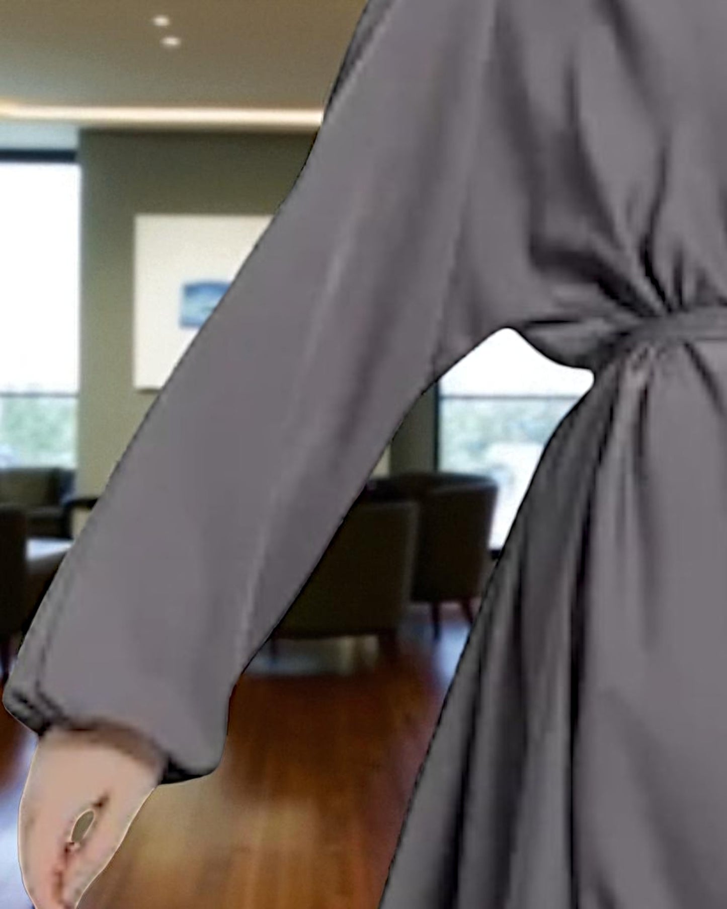 Closed Abaya In Nida Satin Fabric With Flared Bottom And Fabric Belt