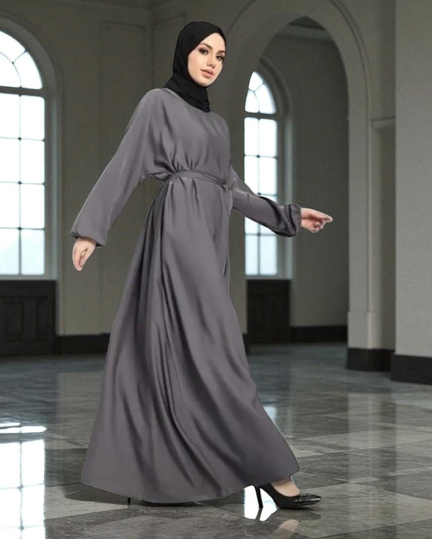 Closed Abaya In Nida Satin Fabric With Flared Bottom And Fabric Belt